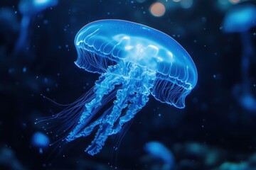 Fototapeta premium Glowing blue jellyfish drifting gracefully in deep underwater environment, Glowing blue jellyfish underwater with light particles