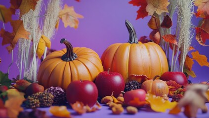 Autumnal display of pumpkins, apples, and fall foliage