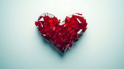 A red, fragmented heart shape against a light blue background.