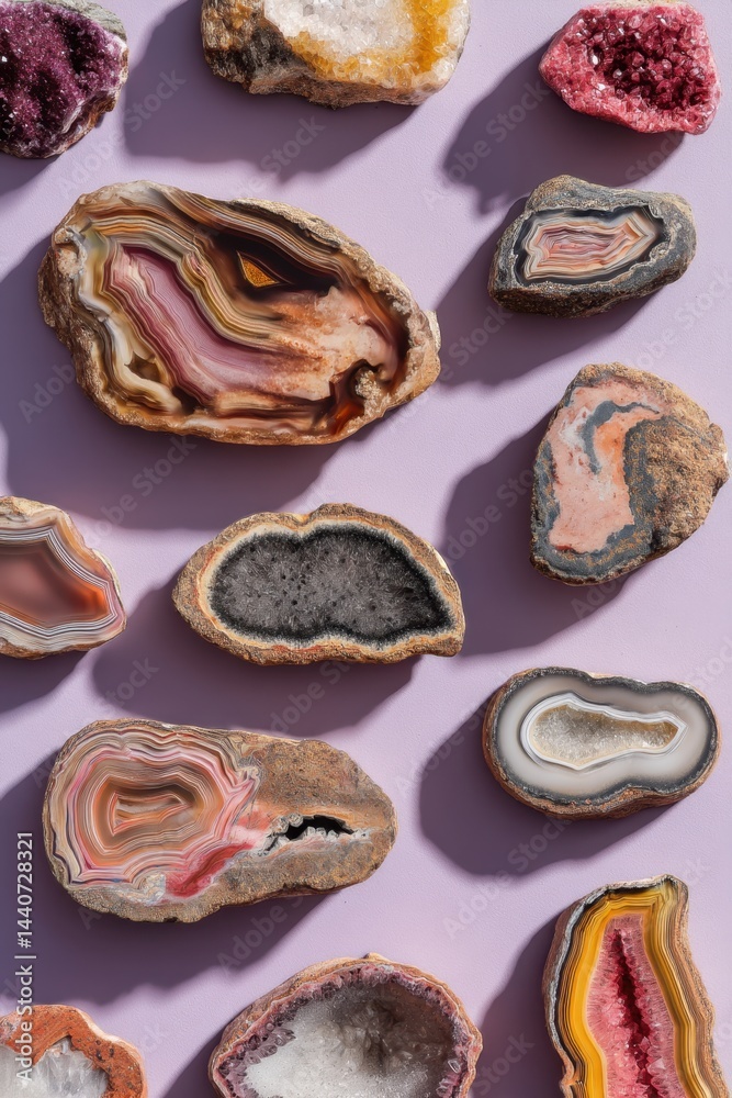 Poster assorted agate slices and geodes displayed on a lilac surface creating a vibrant and colorful gemsto