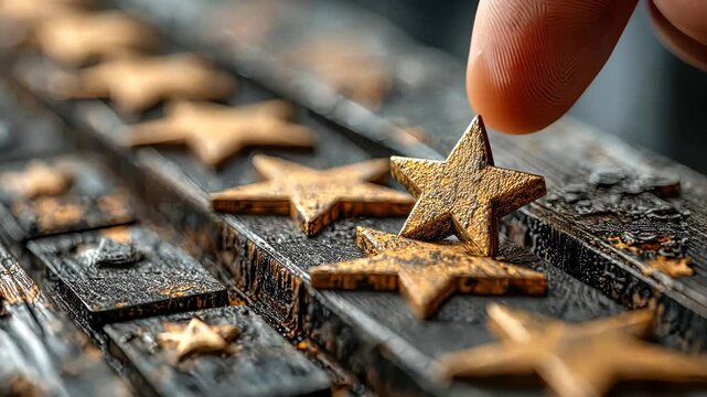 Fingers holding a fabric strip with stitched golden stars, representing soft or tactile feedback, handmade quality, and attention to detail