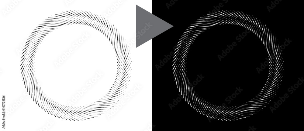 Poster Spiral dotted background with triangles. Design element or icon. Black shape on a white background and the same white shape on the black side.