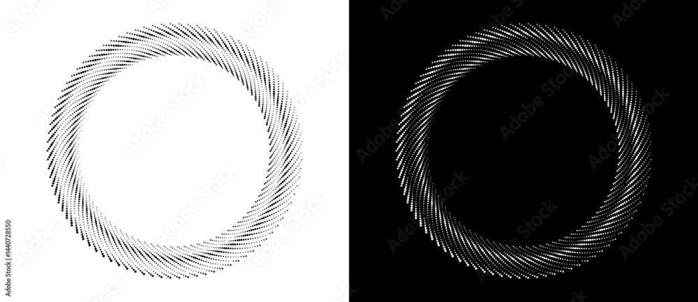 Poster Modern abstract background. Halftone dots in spiral form. Round logo, design element or icon. Vector dotted frame. A black figure on a white background and an equally white figure on the black side.