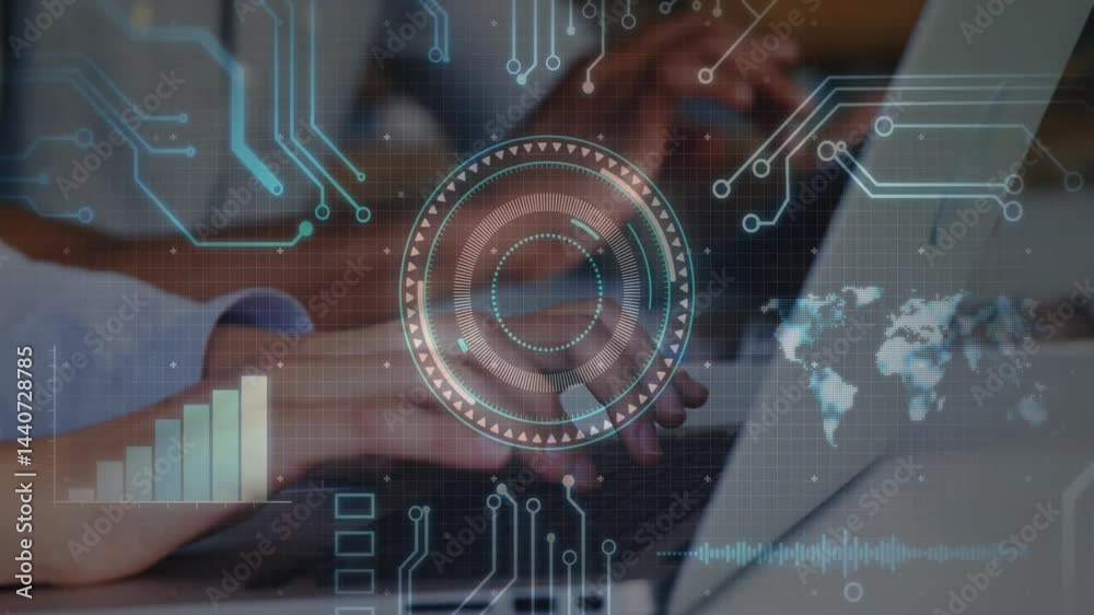 Poster hands typing on laptop showing flat design interface with hud circle, charts, map and waveforms