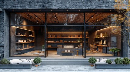 Stylish grey brickwall boutique facade mockup template, with a sophisticated blend of brick and metal finishes, modern exterior concept 