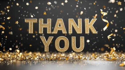 Golden glitter thank you text with confetti and celebratory ribbons on dark background