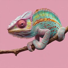 Obraz premium Pixel Art Chameleon on Pink Branch