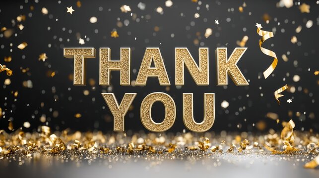 Golden glitter thank you text with confetti and celebratory ribbons on dark background