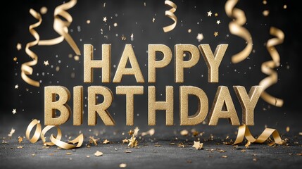 Golden happy birthday text with floating confetti and ribbons on dark background