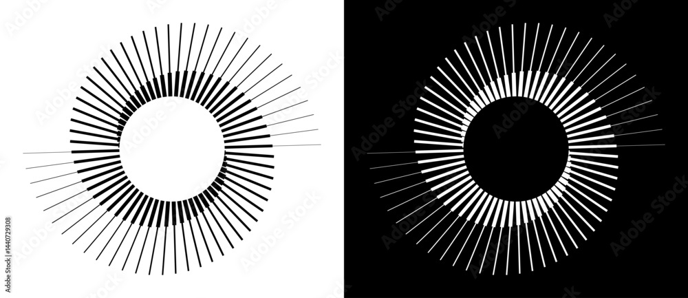 Poster Spiral with lines as dynamic abstract vector background or logo or icon. Yin and Yang symbol. Black spiral on white background and white spiral on black background.