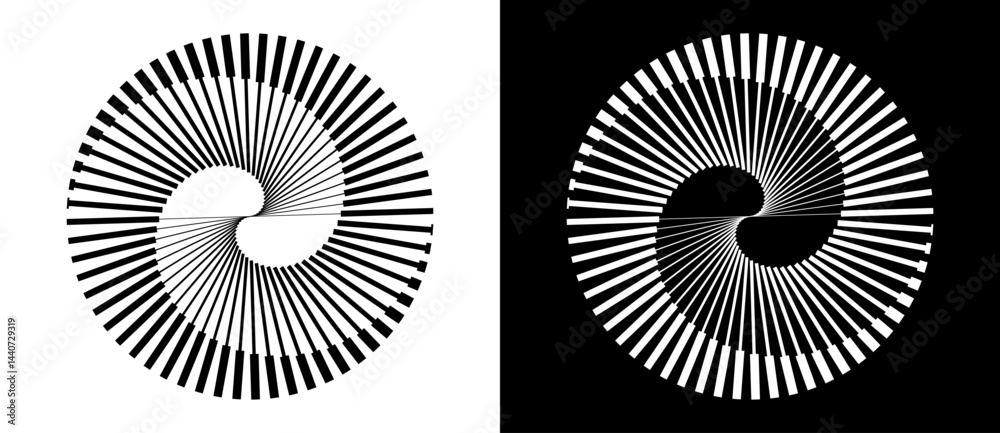 Poster Spiral with lines as dynamic abstract vector background or logo or icon. Yin and Yang symbol. Black spiral on white background and white spiral on black background.
