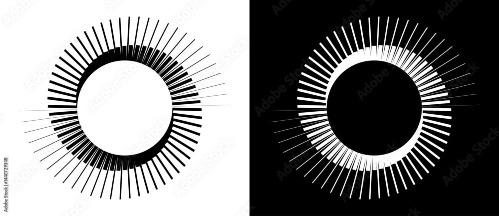 Poster Spiral with lines as dynamic abstract vector background or logo or icon. Yin and Yang symbol. Black spiral on white background and white spiral on black background.