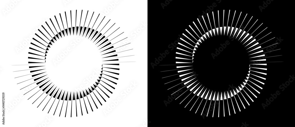 Poster Spiral with lines as dynamic abstract vector background or logo or icon. Yin and Yang symbol. Black spiral on white background and white spiral on black background.