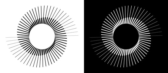 Spiral with lines as dynamic abstract vector background or logo or icon. Yin and Yang symbol. Black spiral on white background and white spiral on black background.