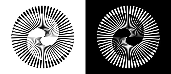 Spiral with lines as dynamic abstract vector background or logo or icon. Yin and Yang symbol. Black spiral on white background and white spiral on black background.