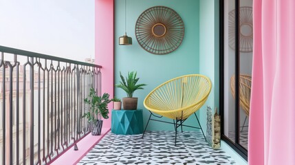 Colorful balcony relaxation; city view, plants, chair