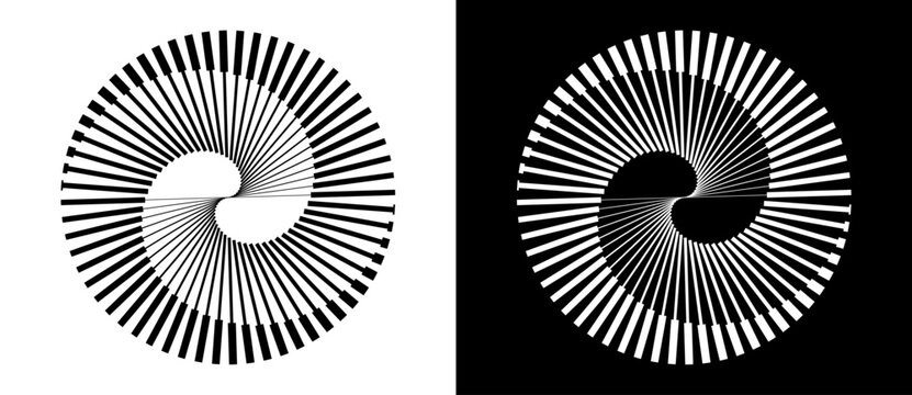 Spiral with lines as dynamic abstract vector background or logo or icon. Yin and Yang symbol. Black spiral on white background and white spiral on black background.