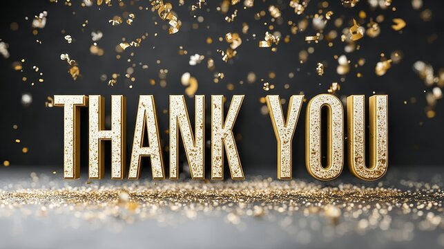 Elegant thank you text with glittering gold particles on dark background