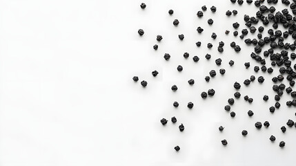 Whole cubeb peppercorns in dark gray scattered across a white surface, their irregular shapes and rough textures catching the light from all angles.
