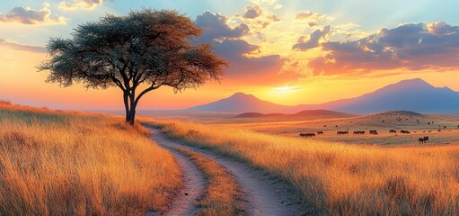 Fototapeta premium African Savanna Sunset: Golden Hour Landscape