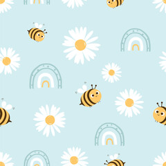 Seamless pattern with bee cartoons, daisy chamomile flower and rainbows on green mint background vector.