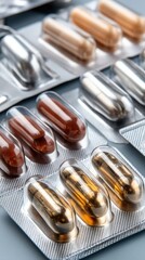 Variety of colorful pills and diverse tablet packaging displayed on a light blue background for health and wellness concepts