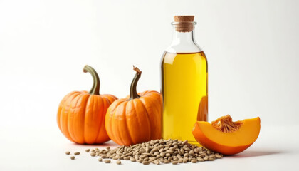 Glass bottle of pumpkin seed oil with fresh pumpkins and scattered seeds on a clean white background.