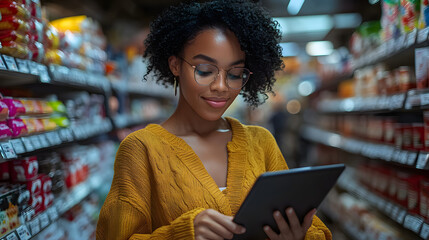 Woman using tablet in store aisle to manage inventory and track product placement