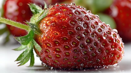 a close-up of a fresh, ripe strawberry with water droplets on a white isolated background, juicy and refreshing design