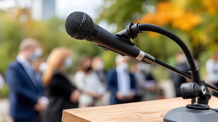Open stage setup features microphone in front with a blurred audience present, capturing the anticipation of live performance under natural lighting
