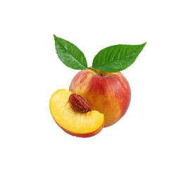 Fresh peach fruit with leaf isolated on transparent background