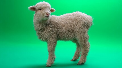 Fototapeta premium Fluffy white lamb standing against vibrant green background
