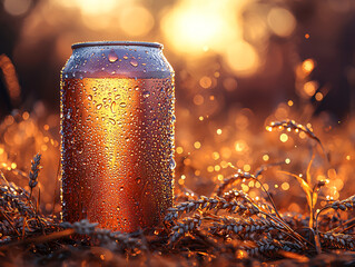 Blank Beer Can with Barley Ears on Peach-to-Purple Radial Gradient