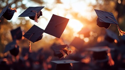 Graduation caps tossed in celebration at sunset ceremony