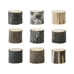 Various tree stumps with different bark textures and colors are arranged in grid pattern. Each stump showcases unique characteristics, highlighting diversity in tree bark and wood grain