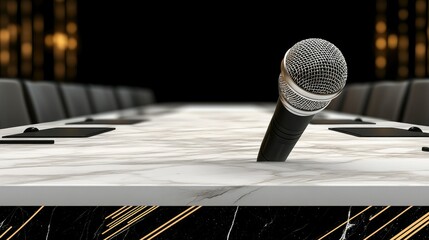 Conference room setup with black microphones ready for discussions and presentations in a modern educational space