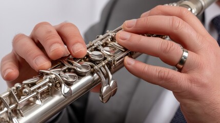 Close-up of hands skillfully playing a clarinet with elegance on a white background showcasing musical artistry and craftsmanship