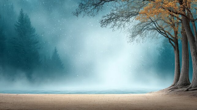 Misty forest scene with bare trees and autumn leaves on a quiet beach