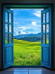 Open blue door revealing a vibrant green field landscape under a sunny sky with fluffy clouds and distant mountains evoking freedom and serenity in nature