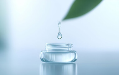 A close-up of a clear jar with a water drop falling from a green leaf, symbolizing purity and natural skincare.
