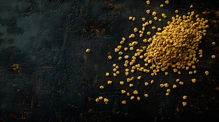 Fototapeta premium A vivid shot of whole fenugreek seeds scattered across a dark surface, their soft yellow hues and natural irregular shapes forming an organic pattern.