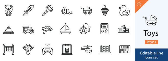 set of 30 toys icons set.  Editable stroke 