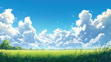 Sunny day, green field, fluffy clouds, blue sky, birds flying.