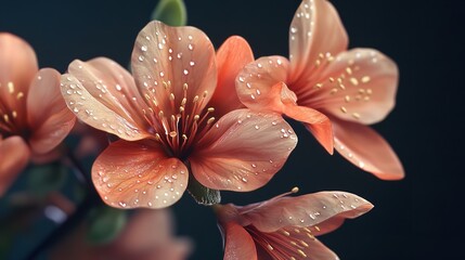 Fototapeta premium Delicate coral blossoms glistening with morning dew a tranquil floral scene bathed in soft light capturing