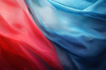 Soft red and blue fabric waves create a serene atmospheric effect, a combination of soft blue and soft red