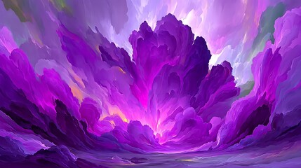 Obraz premium Abstract artwork of a burst of purple energy amidst cloudy skies, a vibrant dreamscape