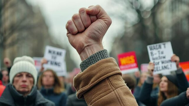 A raised fist of a protestor signifies unity and resistance during a political demonstration in an urban setting on a cloudy day