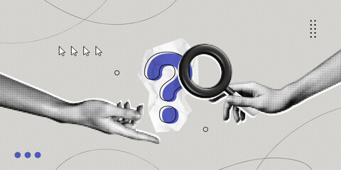 Trendy Halftone Collage Two Hands with magnifying glass and question mark. Problem analysis. Find solution or answer to cause or incident. Ask for reply. Contemporary vector illustration art