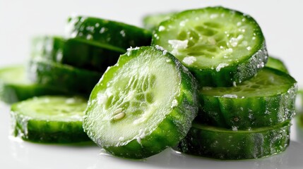 a close-up of a fresh cucumber sliced into rounds on a white isolated background, crisp and fresh design