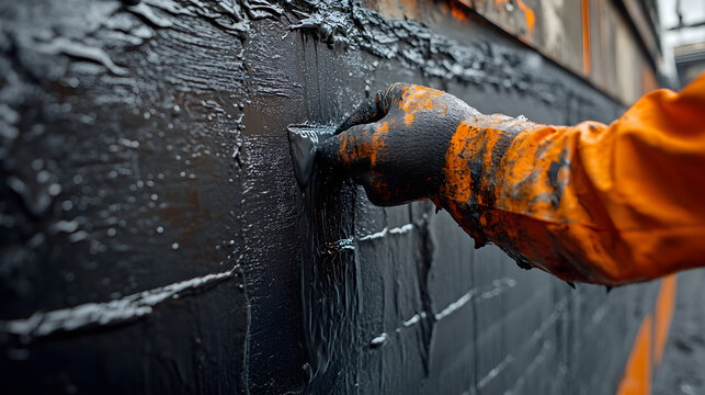 Worker applying waterproof sealant on a basement wall, protecting against moisture intrusion